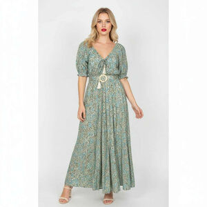 LUSANA Boho Green Floral Belted Maxi Flowy Dress Made in Indonesia Size Small